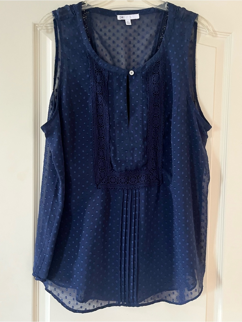DR2 Navy Swiss Dot Lace-Trim Sleeveless Camisole Semi Sheer Women’s XL